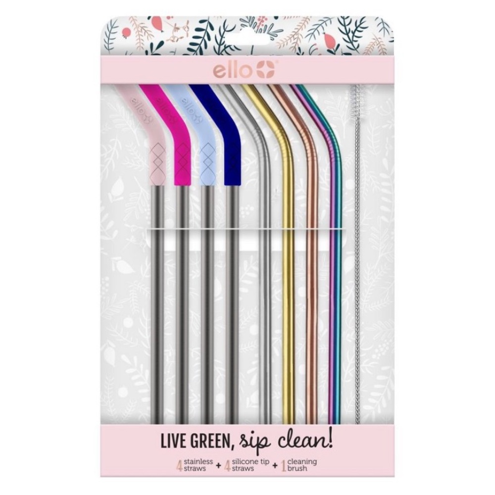 Ello Stainless& Silicone Tip Straws and Straw Cleaner 8 pack